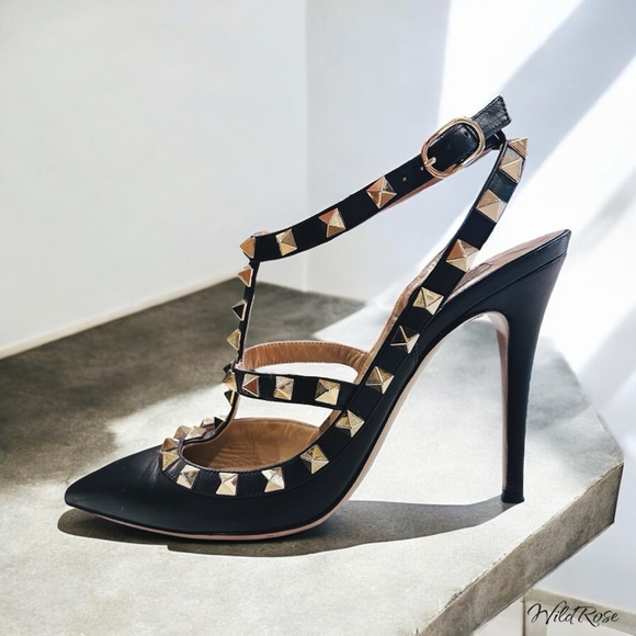 VALENTINO GARAVANI Black Leather Strappy Rockstud Ankle Strap Heels SZ 37 - Picture 3 of 17